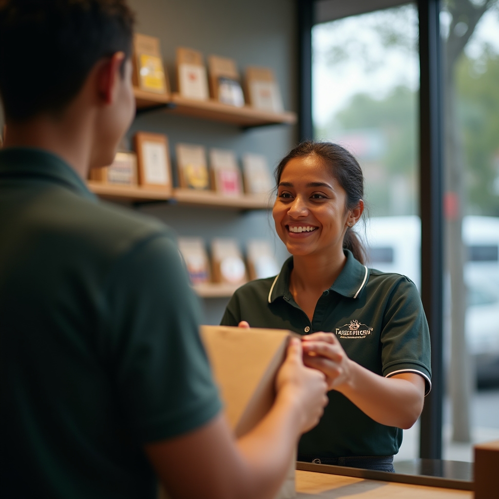 Franquiciado atendiendo a un cliente detrás del mostrador de su local comercial
