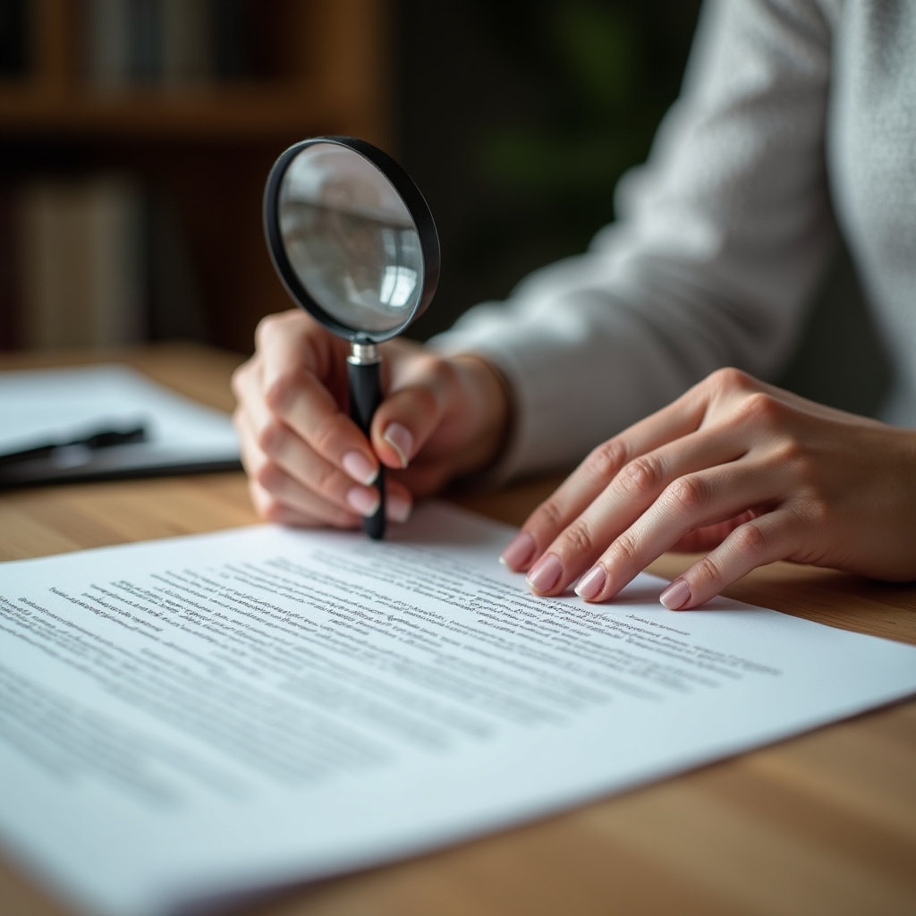Manos revisando documentos legales de un contrato de franquicia sobre un escritorio de madera